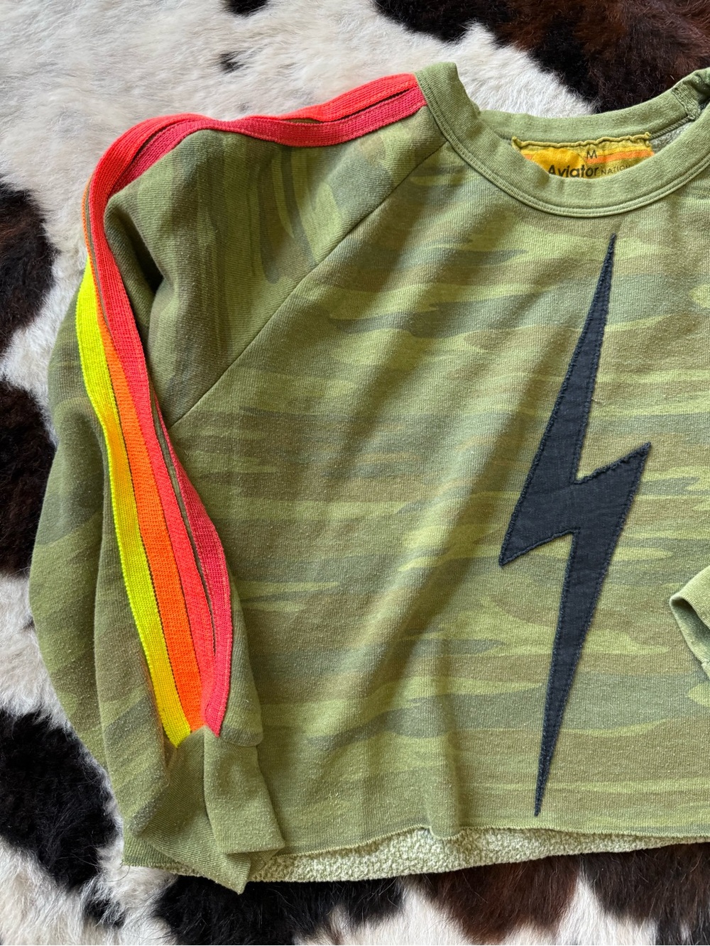 Aviator Nation Olive Lightning Bolt Sweatshirt with Neon Stripe Sleeves - Picture 2 of 5
